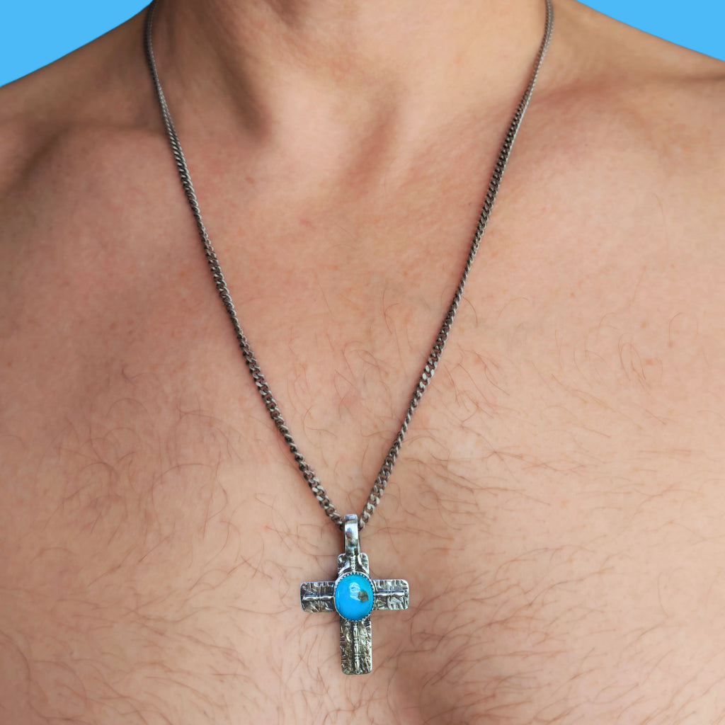 Pendentif croix en argent et turquoise homme SACRÉE - Tribu Turquoise