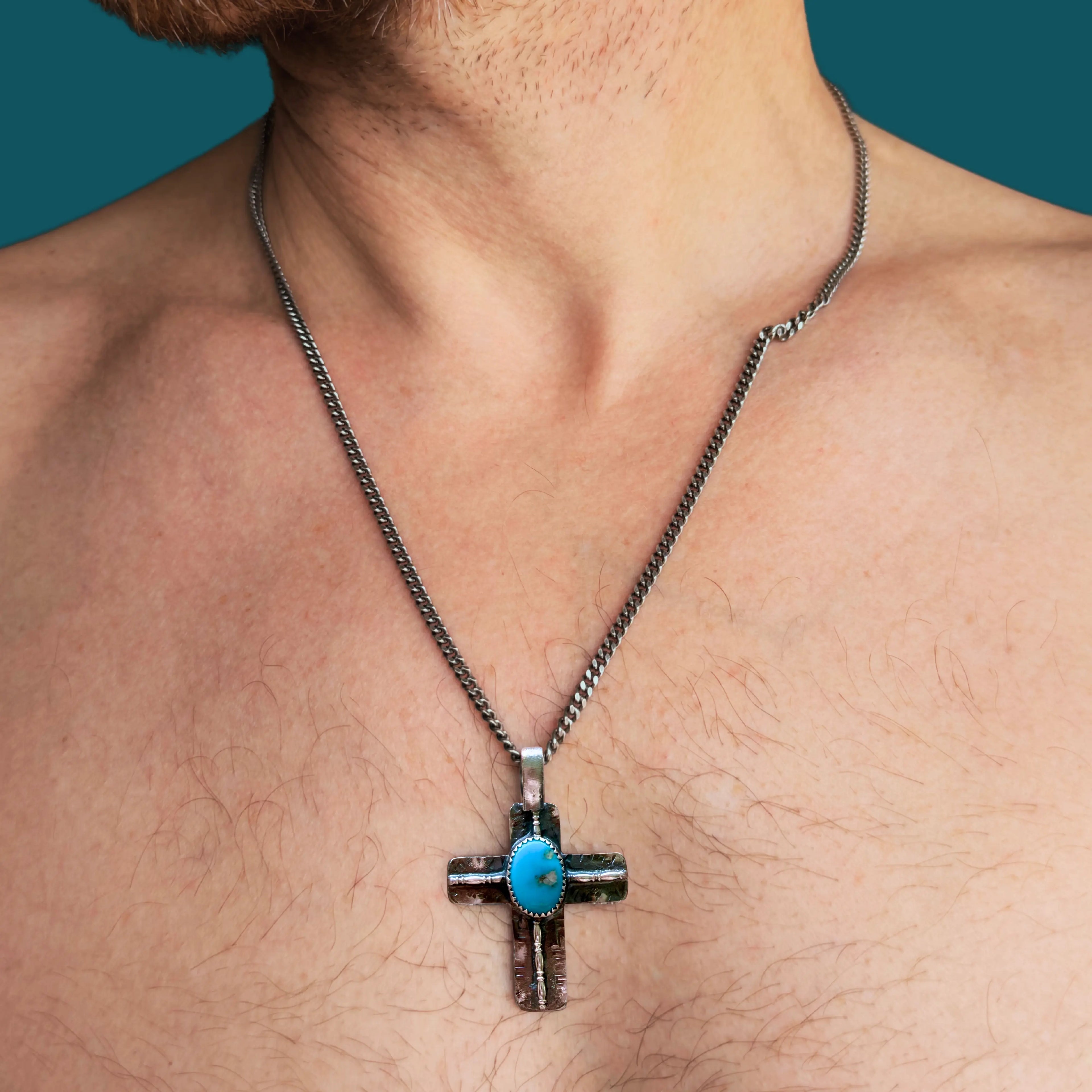 Pendentif croix en argent et turquoise homme SACRÉE - Tribu Turquoise