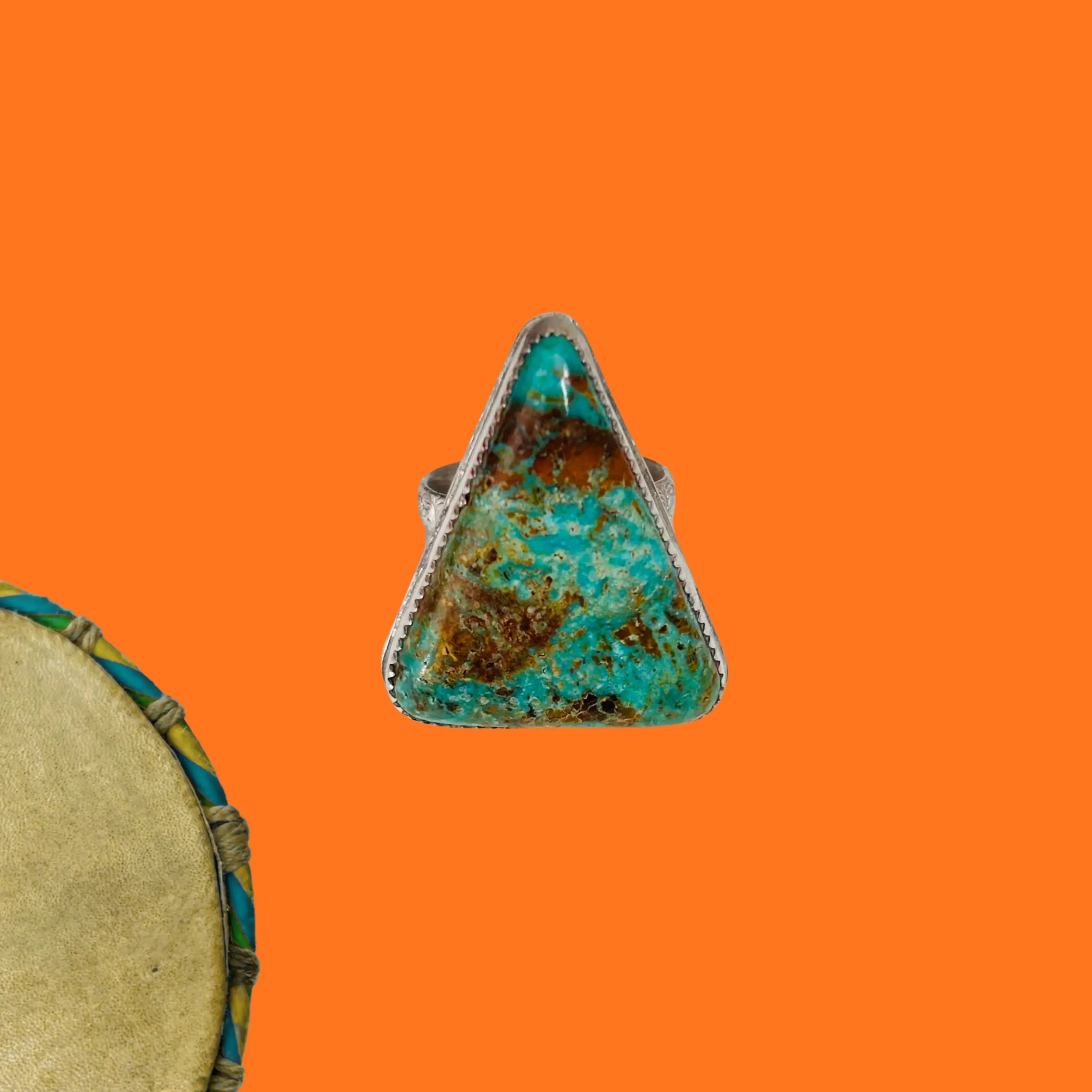 Bague Laiton Incrustée Argent Avec Pierre Turquoise Arizona - Népal - Neuf Vintage
