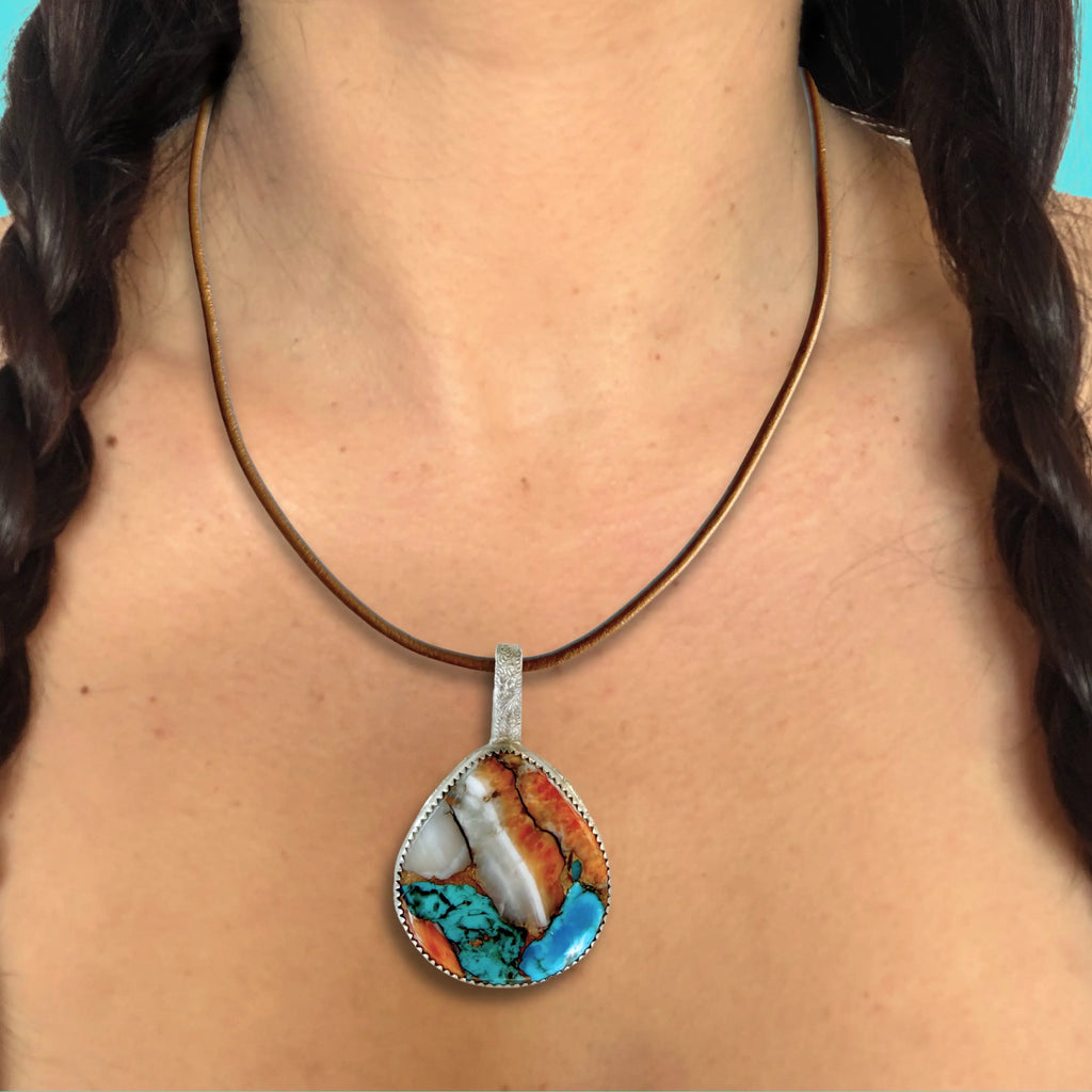 Pendentif en argent, turquoise et huître épineuse BRONZE#1 Tribu Turquoise
